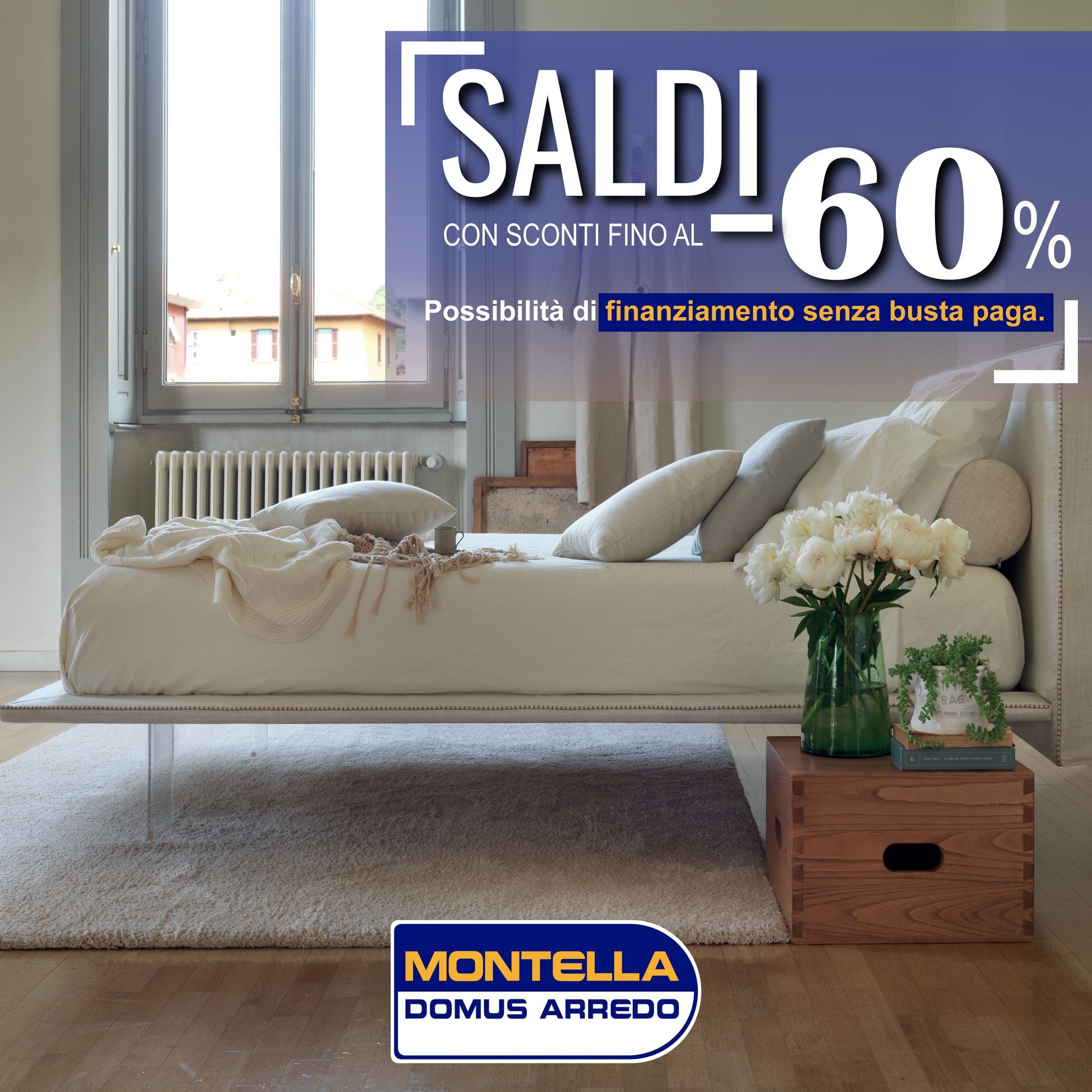 Pubblicità di mobili per la camera da letto: letto, in saldo al 60%. Offerta 