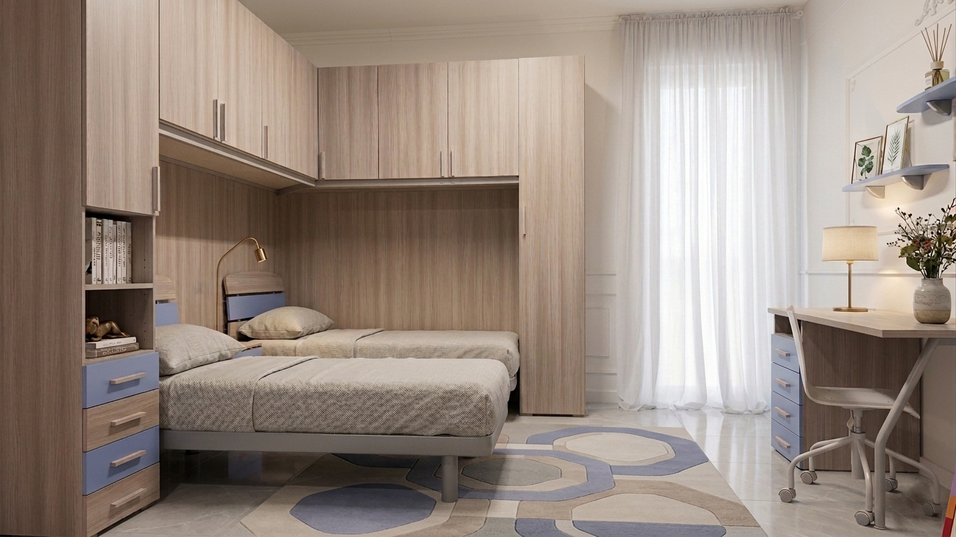 Camera da letto con due letti, biancheria gialla, armadi in legno a muro e una scrivania.