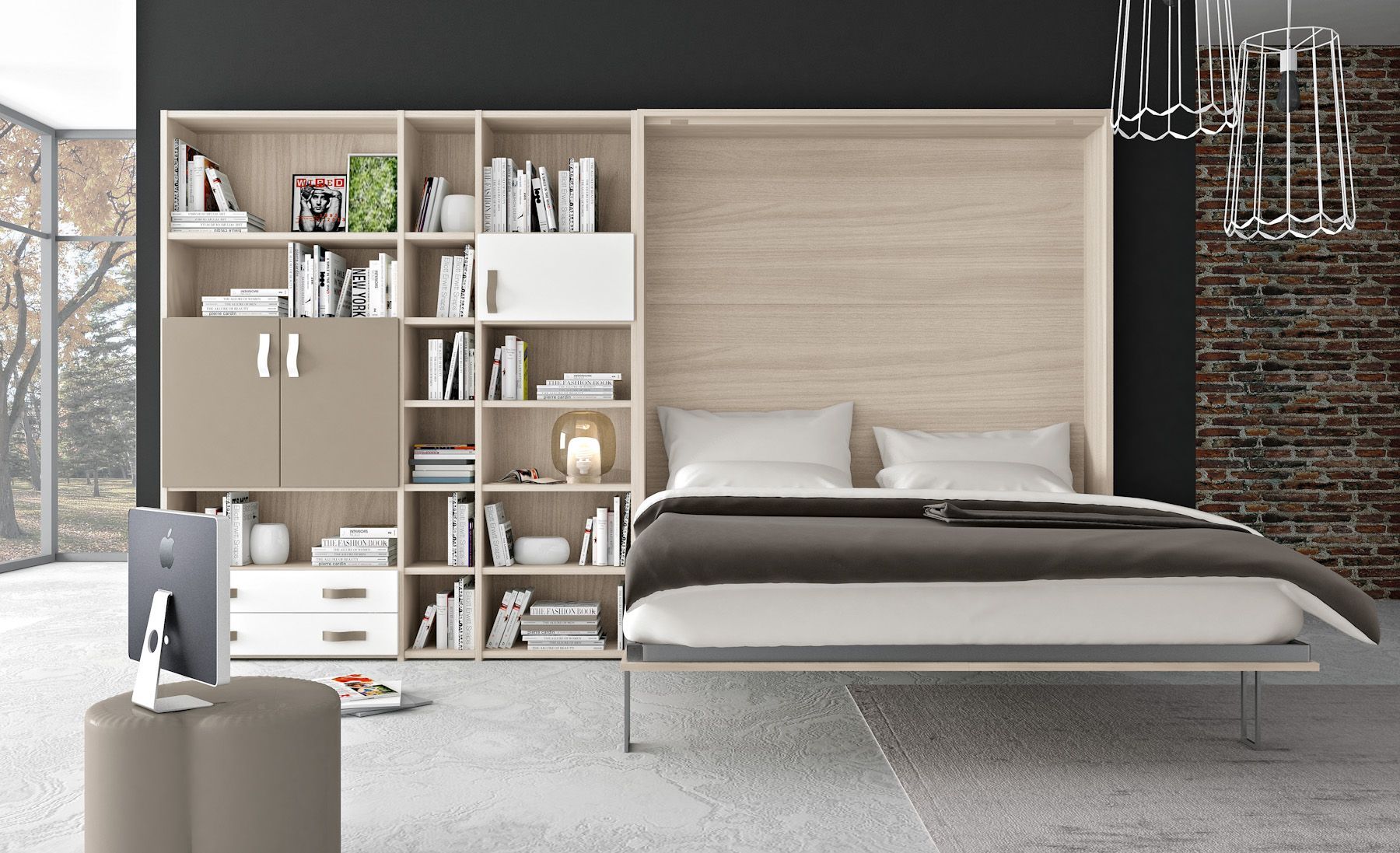 Camera da letto moderna con letto a muro, librerie e finestra. Toni neutri, design minimalista.