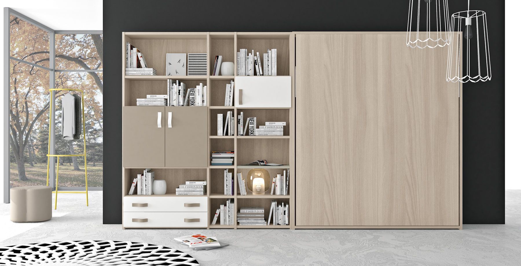 Una libreria integrata con letto nascosto, con mobili bianchi e nei toni del legno.