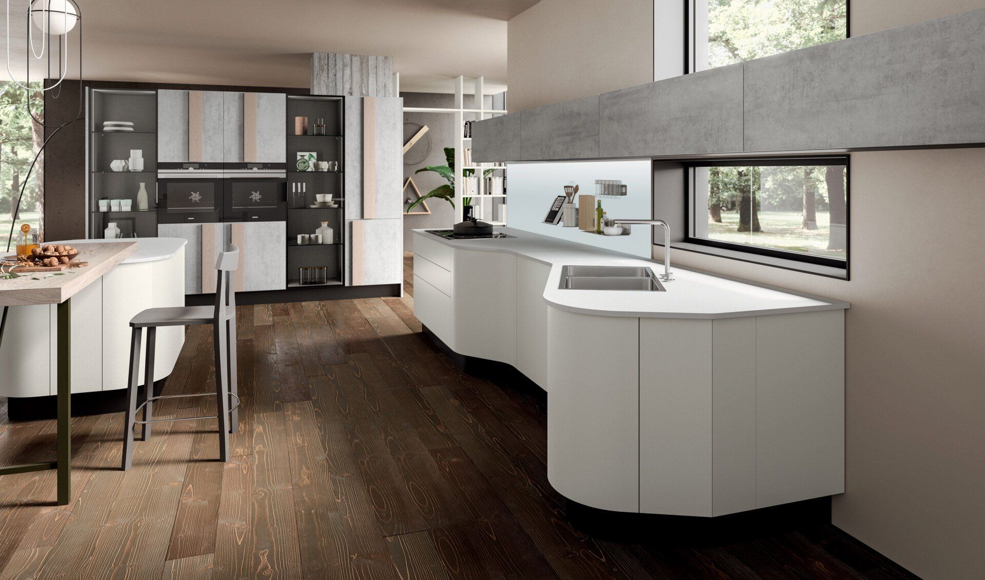 Cucina moderna Aran con mobili bianchi curvi, pavimenti in legno scuro e una finestra.