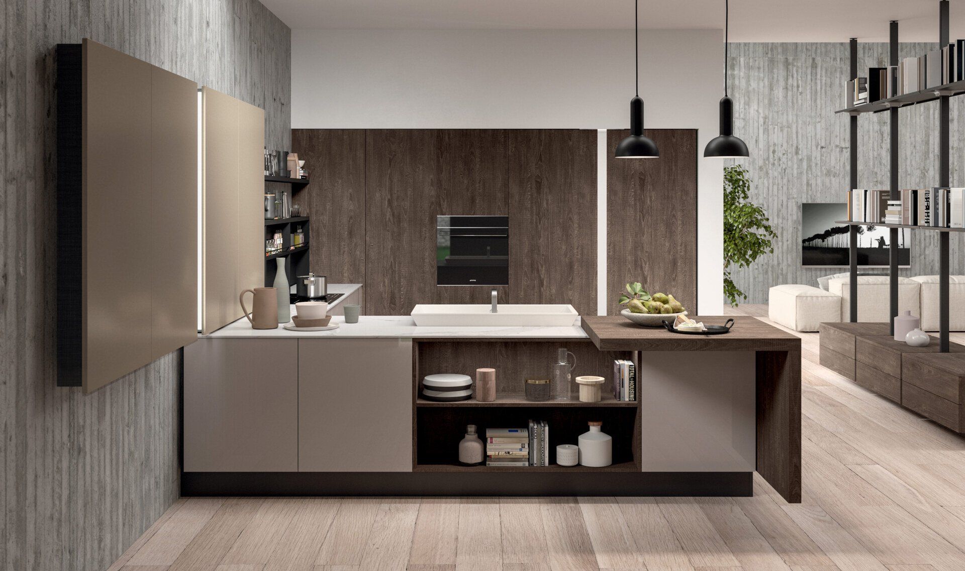Cucina moderna con mobili in legno e grigi, pensili in vetro e tavolo da pranzo.