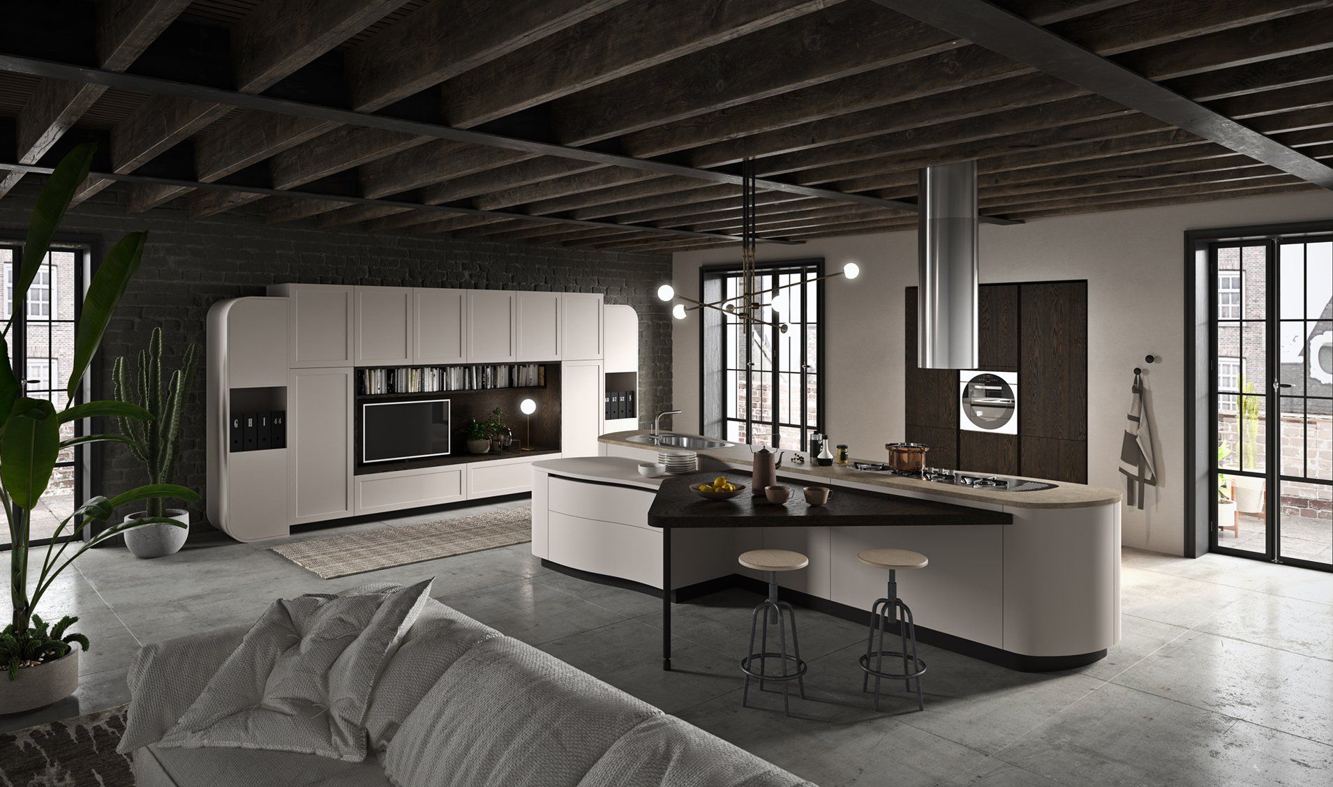 Cucina moderna con mobili bianchi curvi, isola, travi a vista e pavimenti in cemento.