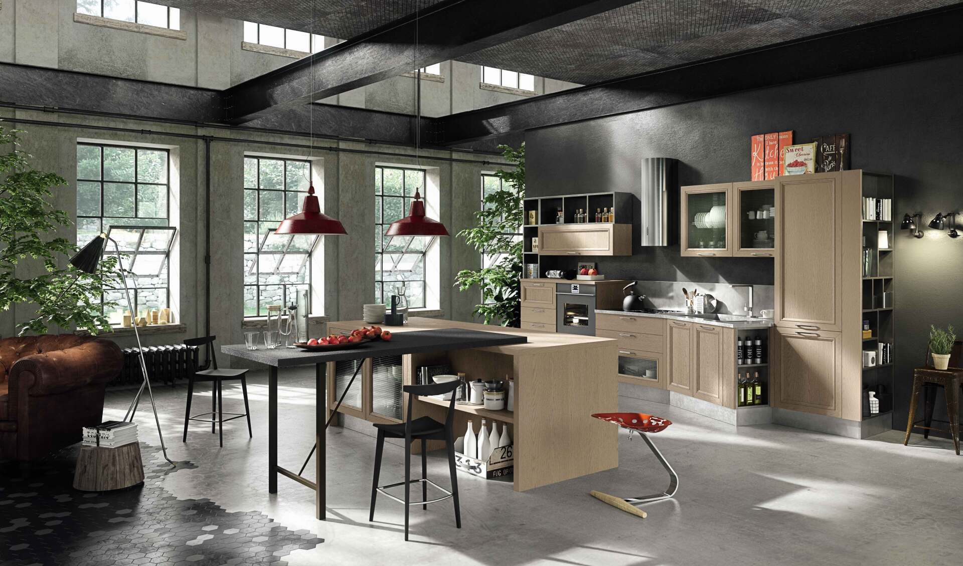 Cucina moderna con isola grigia, mobili in legno e carta da parati floreale.