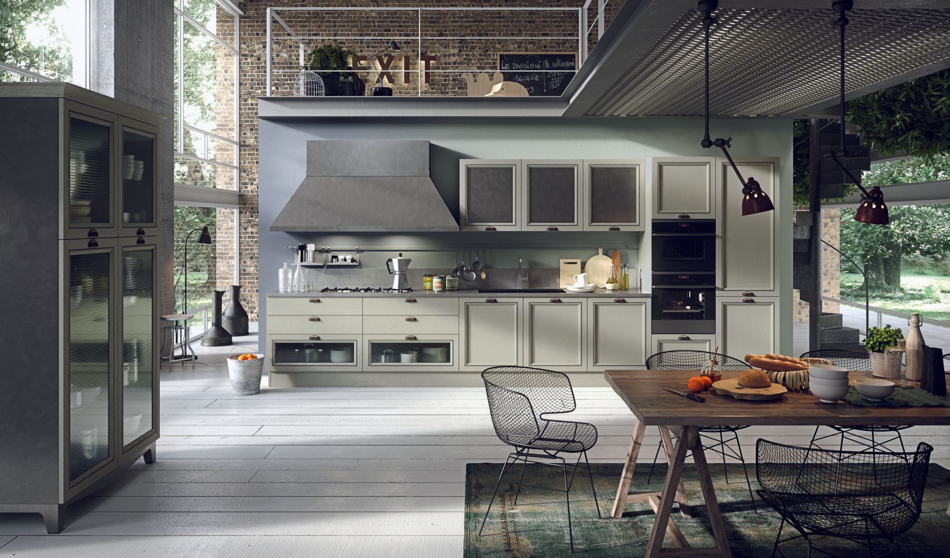 Cucina moderna Aran con mobili grigio chiaro, elettrodomestici in acciaio inossidabile e un tavolo da pranzo rustico.