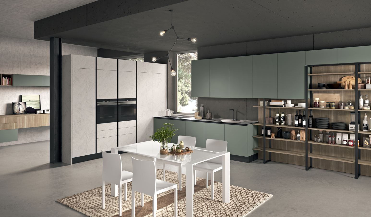 Cucina e sala da pranzo Aran moderna con tavolo e sedie bianchi, mobili grigi e una scaffalatura decorativa.