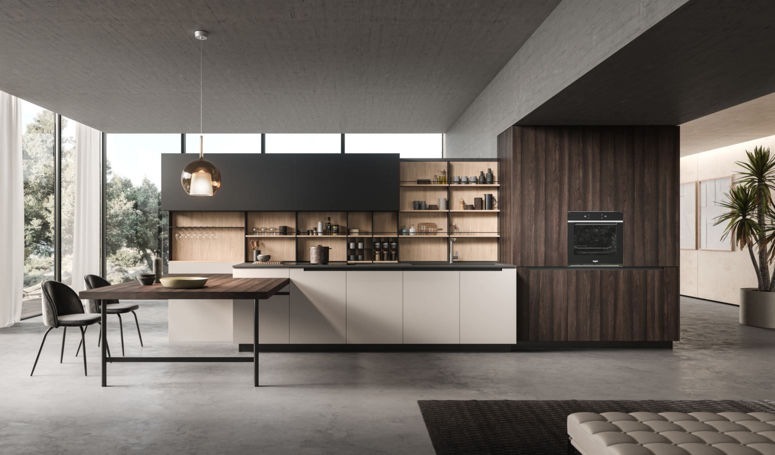 Cucina moderna con isola, mobili in legno scuro, bancone bianco e tavolo da pranzo vicino ad ampie finestre.