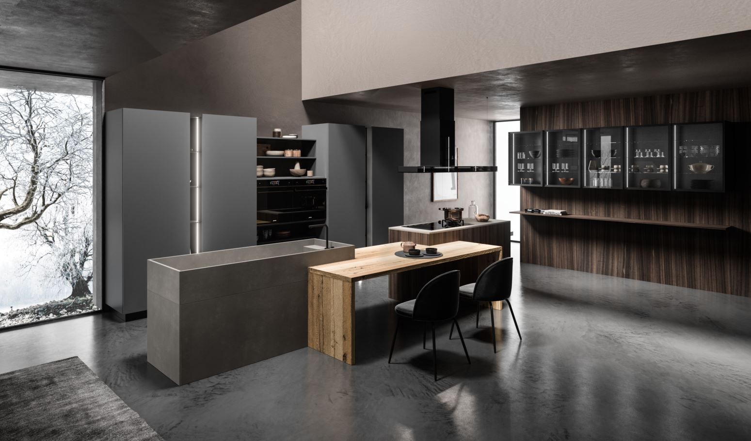 Moderna cucina Aran grigia e legno con isola, mobili e tavolo da pranzo, ampia finestra con vista sulla neve.