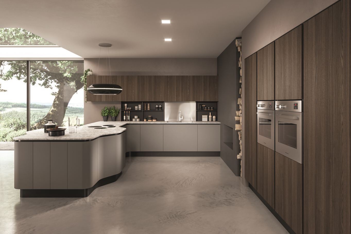 Cucina moderna con isola e mobili grigi, parete posteriore color legno e ampia finestra.