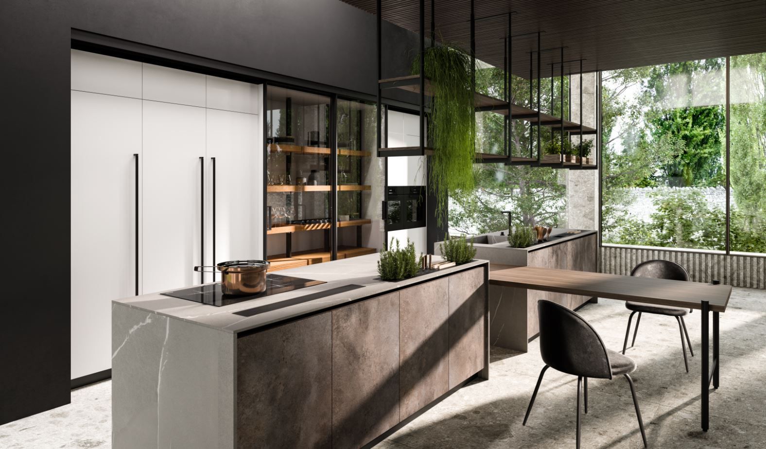 Cucina moderna Aran con isola, tavolo, mensole e ampie finestre. Piante, colori neutri e design elegante.