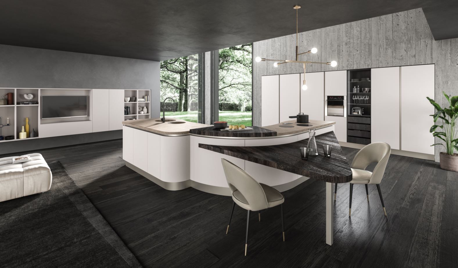 Cucina moderna Aran con mobili bianchi, isola curva, ripiani scuri e zona pranzo.