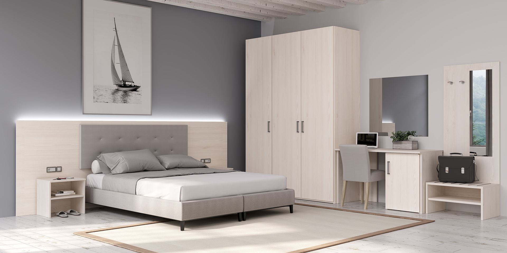 Camera da letto con letto, armadio, scrivania e specchio; colori tenui, toni neutri, design moderno.