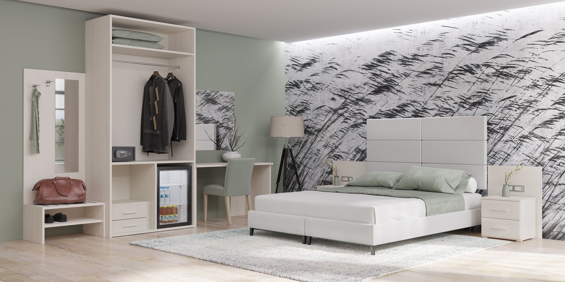 Camera da letto con mobili bianchi, armadio, scrivania, letto e parete decorativa.