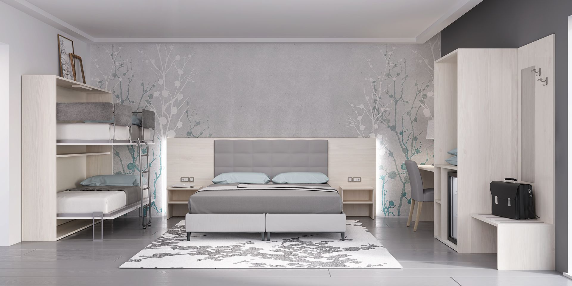 Camera da letto con letto, comodini, tappeto, scrivania, scaffali e parete decorativa.