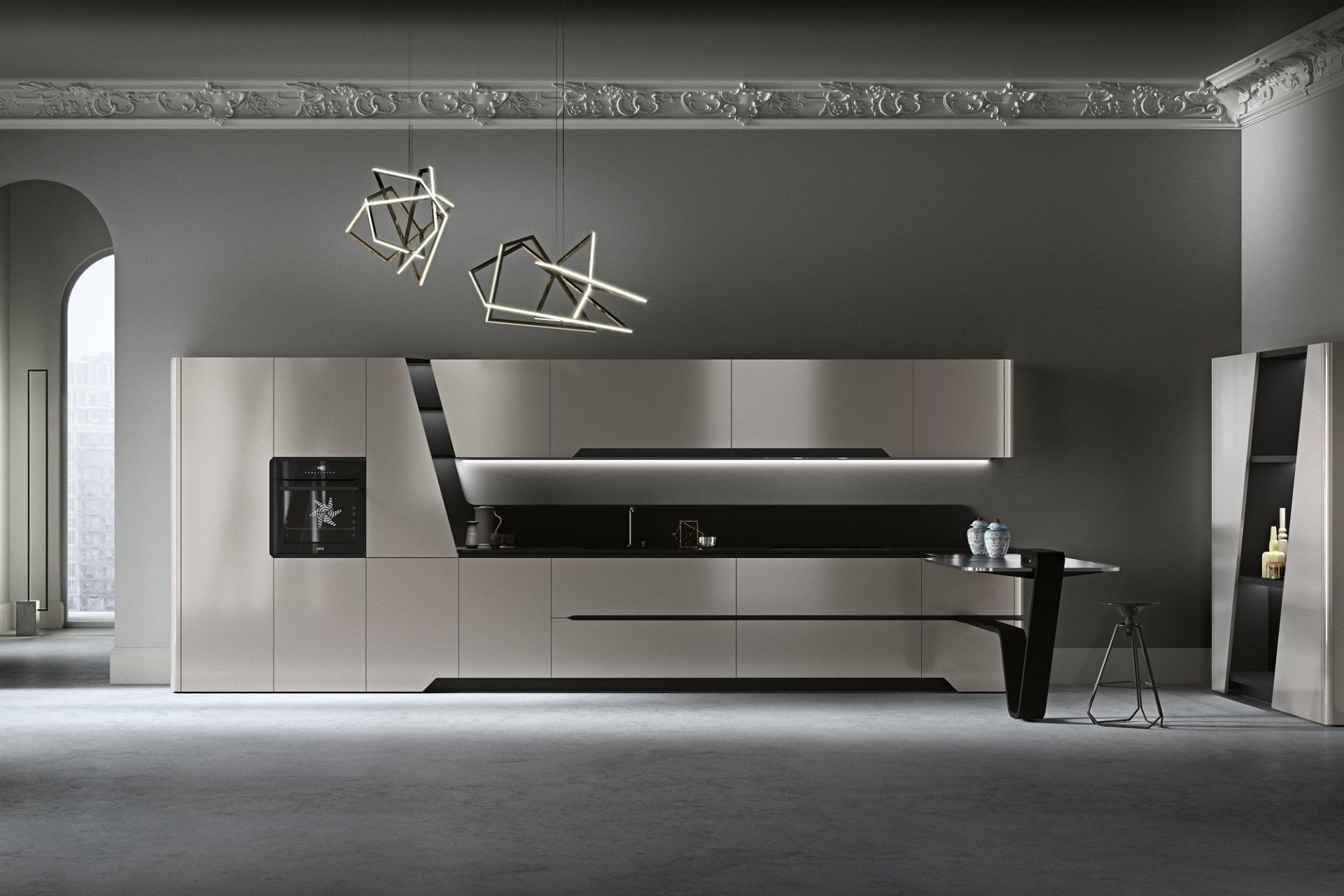 Cucina moderna Snaidero con mobili in acciaio inossidabile, ripiani scuri e illuminazione artistica.