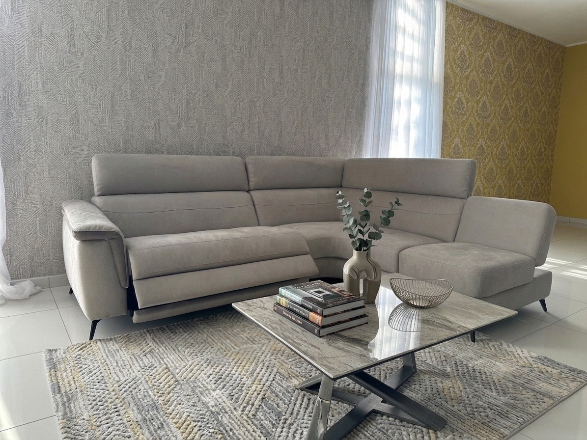 Divano componibile beige con elementi reclinabili in uno showroom.