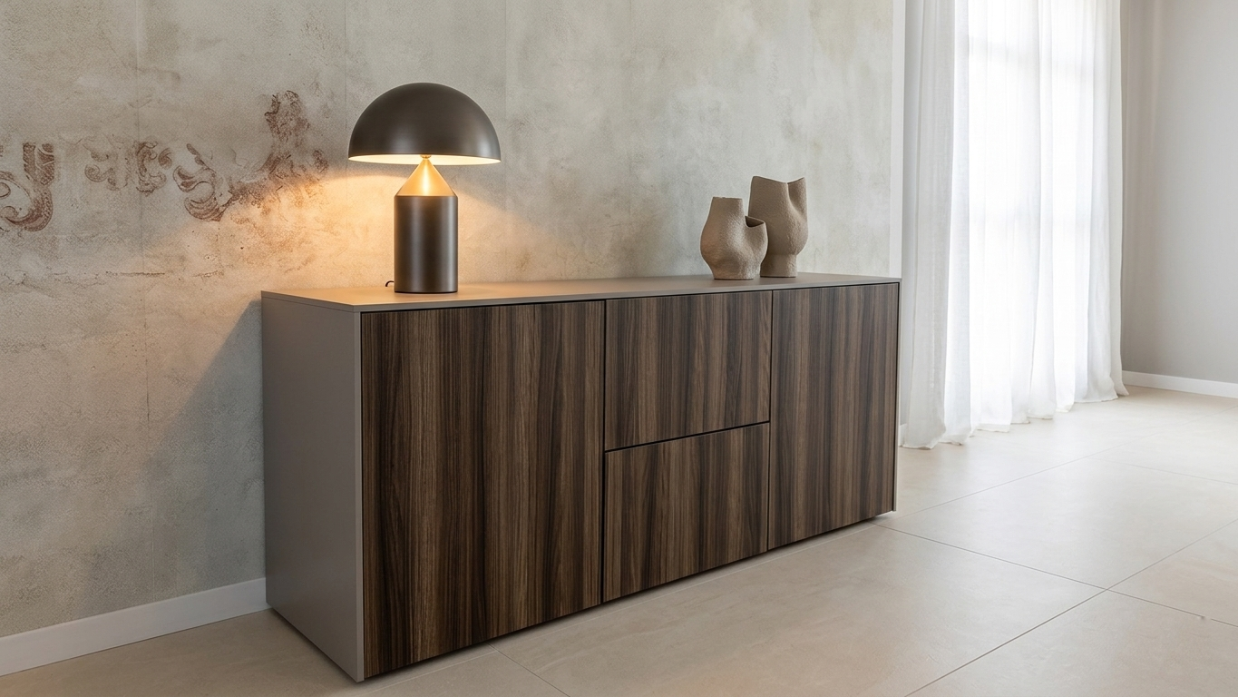 Credenza in legno con piante e candelabro su una parete strutturata e pavimento in legno massello.
