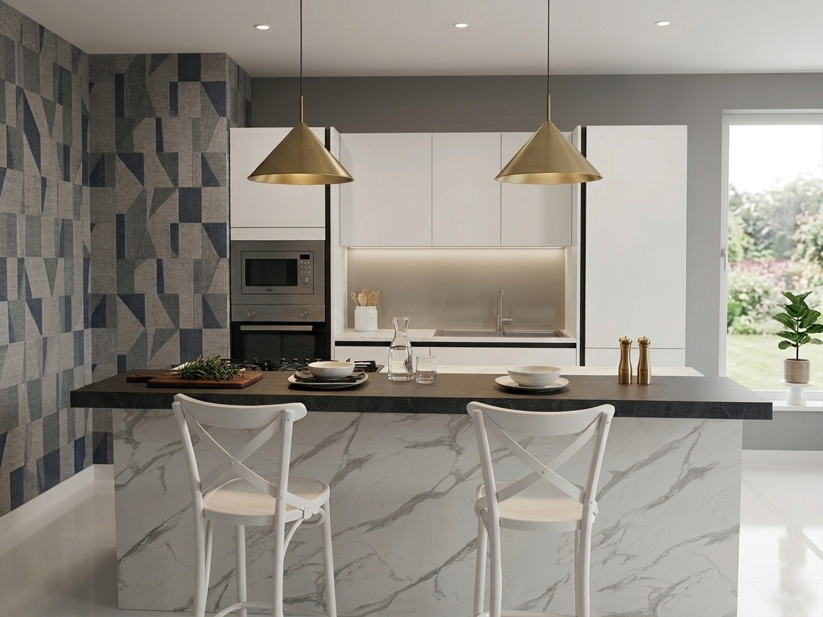 Cucina moderna con mobili bianchi, isola in marmo con posti a sedere e scaffali a vista.