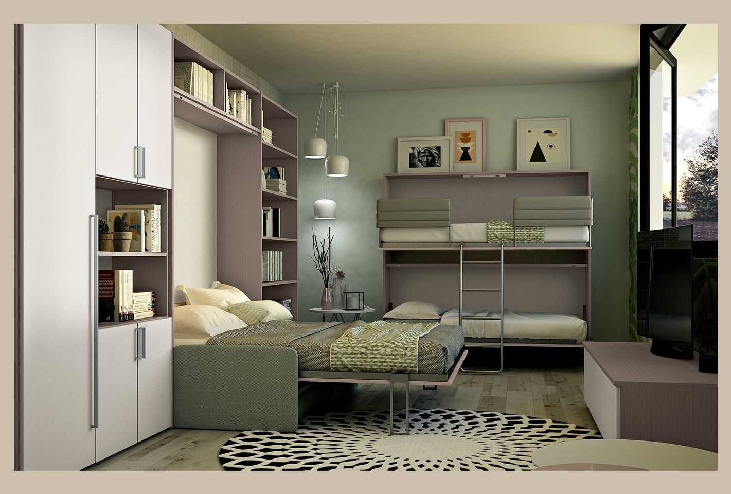 Camera da letto con letti a castello, un letto estraibile, librerie e TV. Pareti verde chiaro, mobili neutri e un tappeto rotondo.