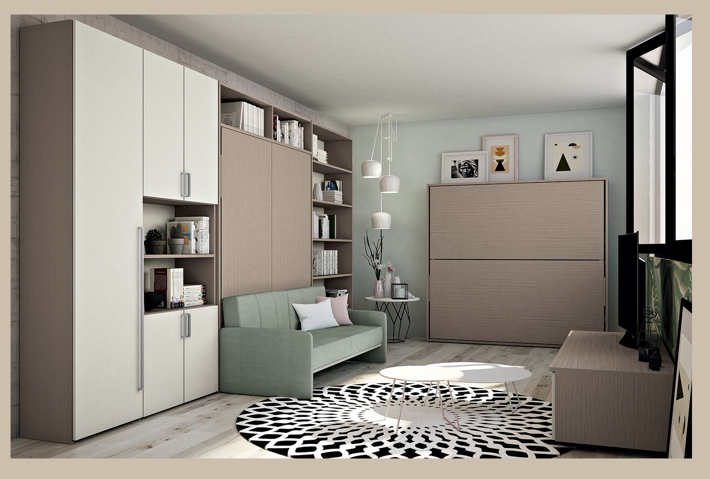 Accogliente camera moderna con spazio di archiviazione incorporato, un piccolo divano, un tappeto rotondo e un letto pieghevole.