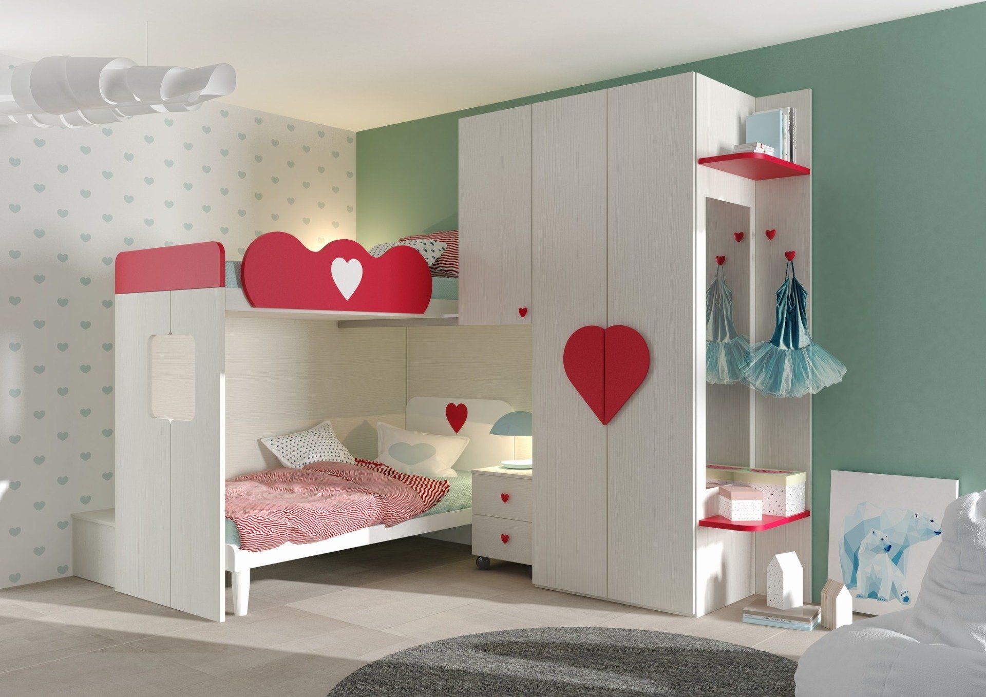 Cameretta per bambini con letto a castello, armadio e scaffali. Mobili bianchi e rossi con decorazioni a forma di cuore e pareti verde menta.