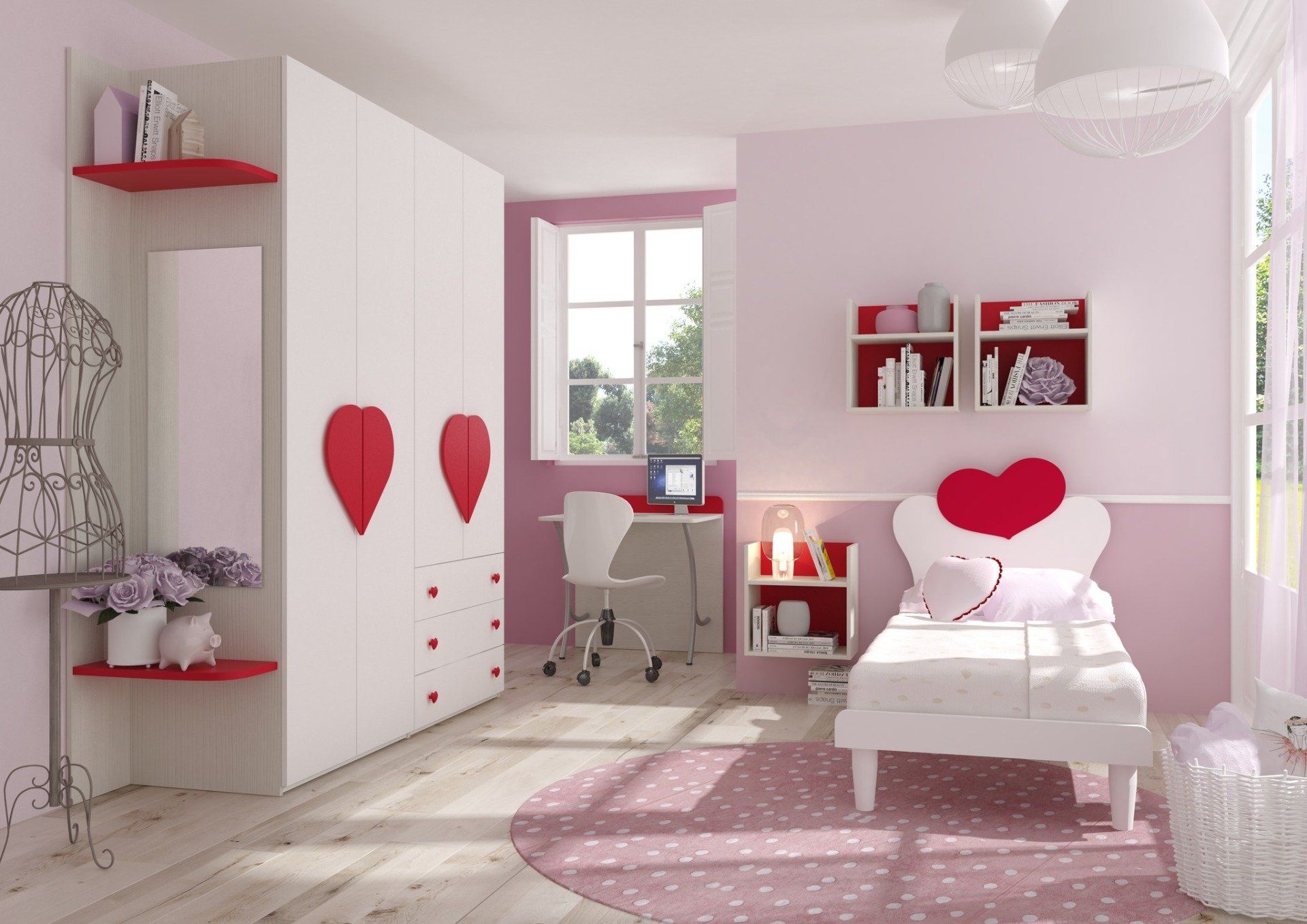 Camera da letto rosa e bianca con decorazioni a forma di cuore: letto, armadio, scaffali, scrivania e tappeto rotondo.