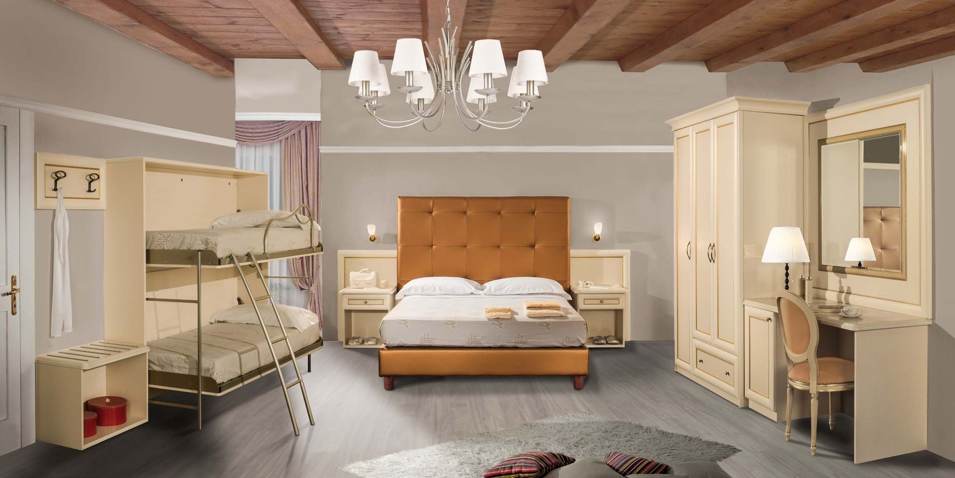 Camera da letto con mobili color crema: letti a castello, letto, cassettiera e toletta. Soffitto in legno e pareti grigie.