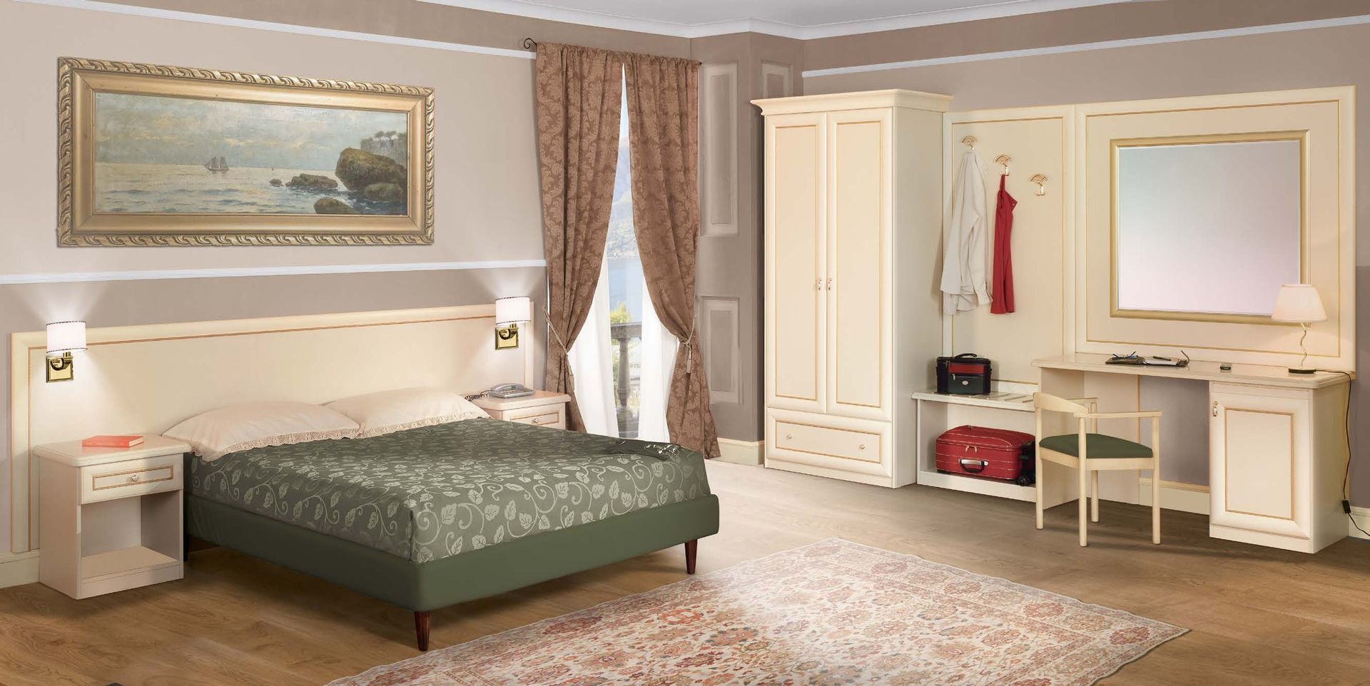 Camera da letto con letto, armadio, mobiletto per toeletta e opere d'arte, nei toni del crema e del marrone.