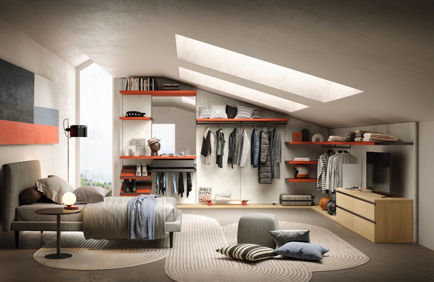 Camera da letto con soffitto spiovente, scaffalature integrate, appendiabiti, letto e toni neutri con accenti arancioni.