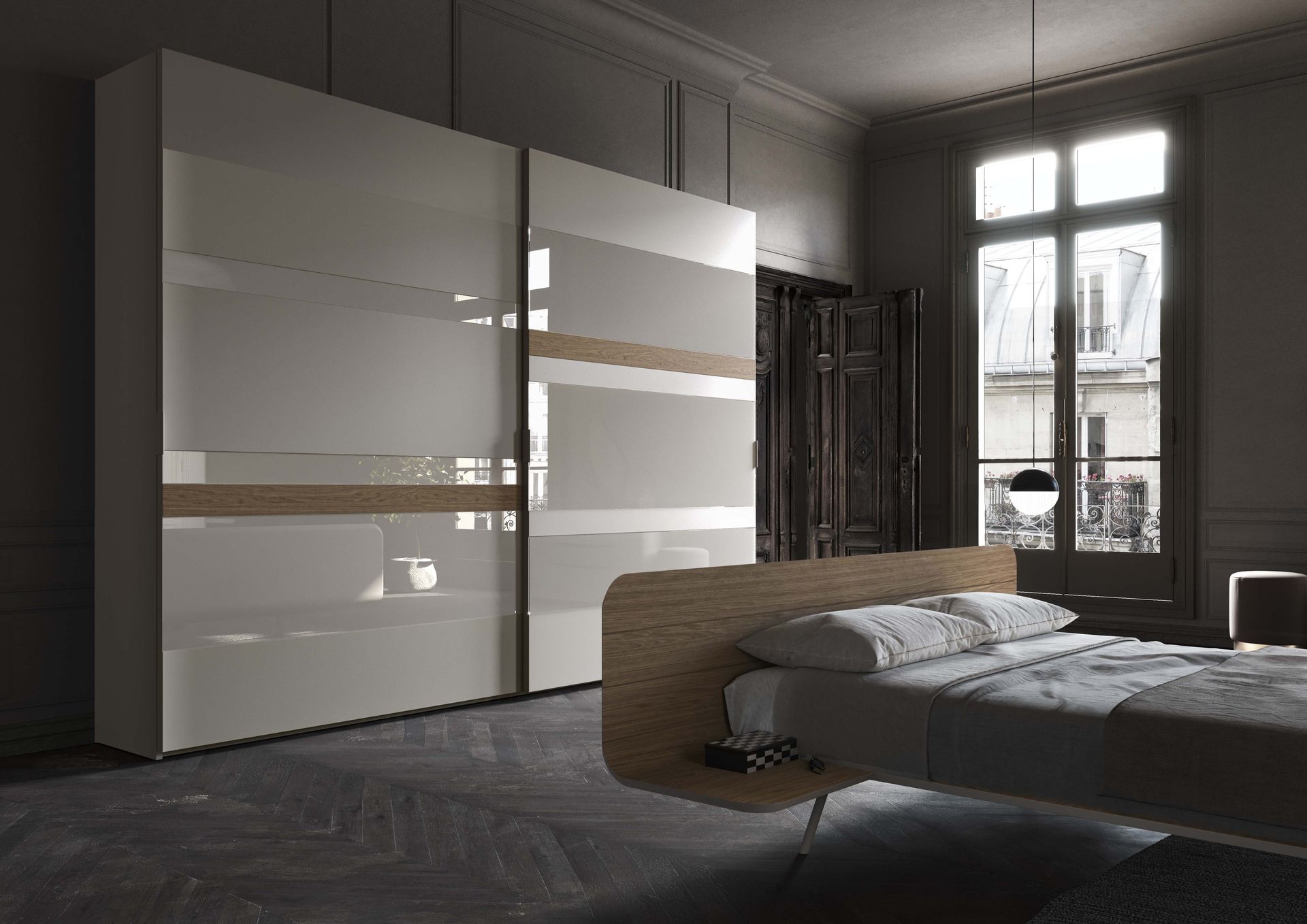 Camera da letto moderna con un grande armadio bianco con ante scorrevoli e un letto con testiera in legno, vicino a una finestra.