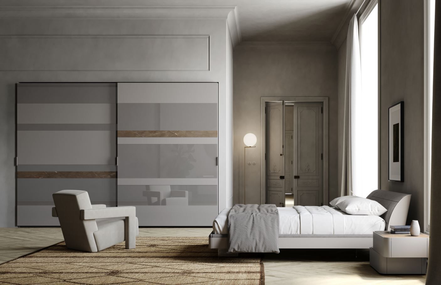 Camera da letto moderna dai toni neutri. Armadio con ante scorrevoli, letto, poltrona, tavolino, finestra con tende.