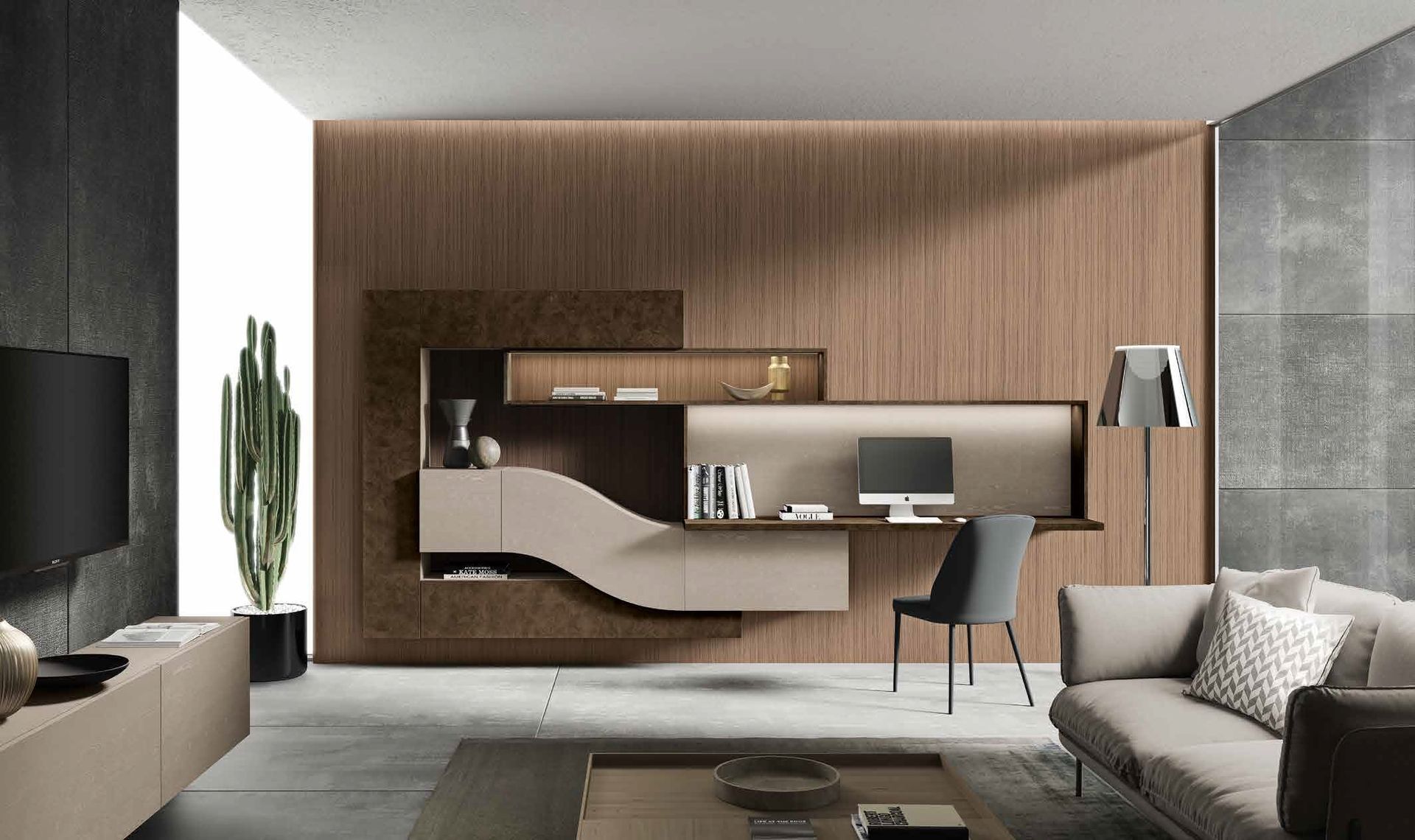 Soggiorno moderno con scrivania integrata, pannelli in legno, TV, divano, sedia e lampada da terra.
