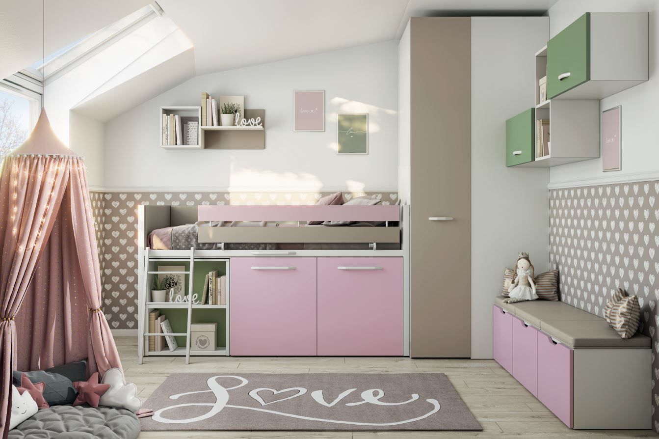 Una cameretta per bambini con un letto a soppalco rosa e grigio, un contenitore e un baldacchino.