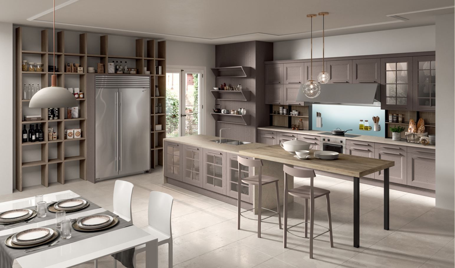 Cucina classica Aran con mobili in legno, elettrodomestici in acciaio inossidabile e tavolo da pranzo.