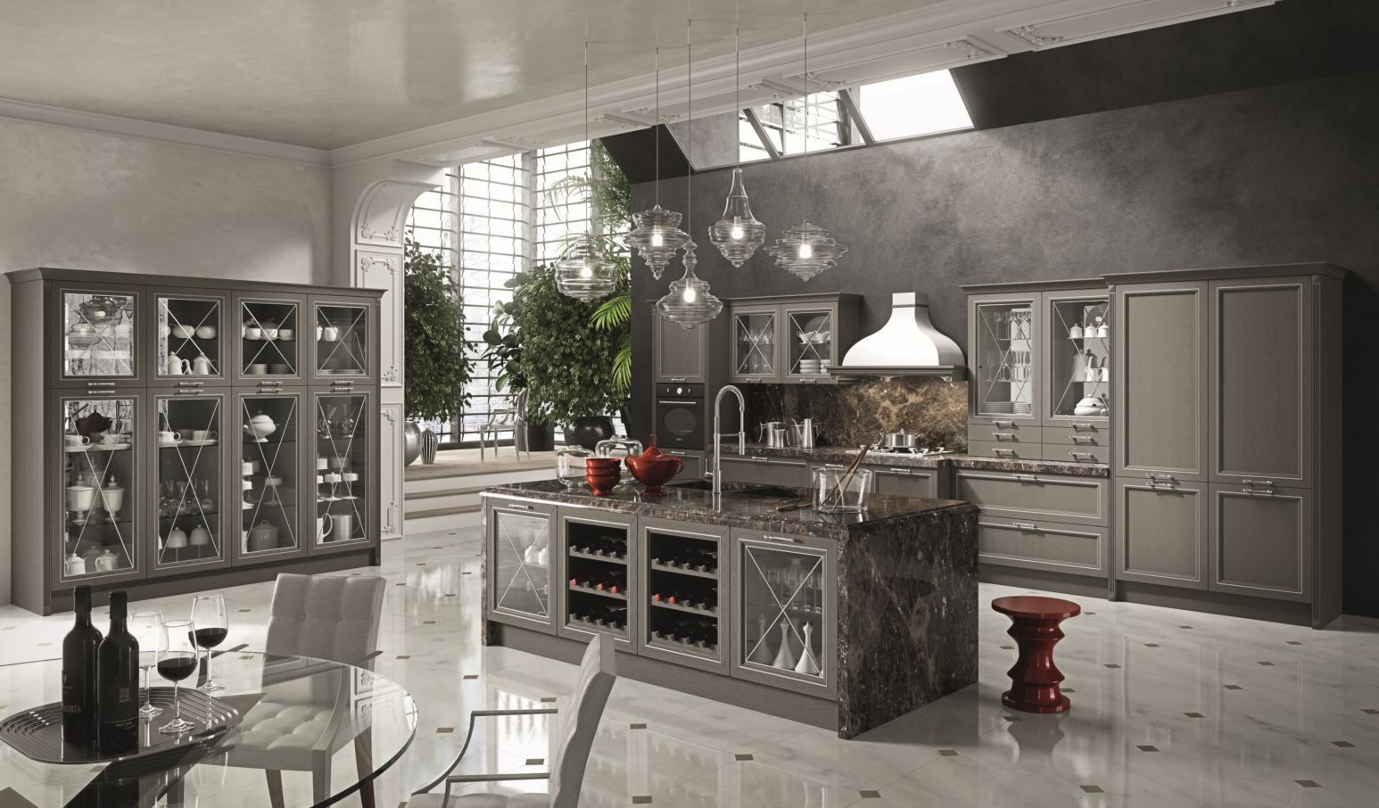 Cucina di lusso con mobili grigi, isola in marmo, portabottiglie con ante in vetro e una moderna zona pranzo.