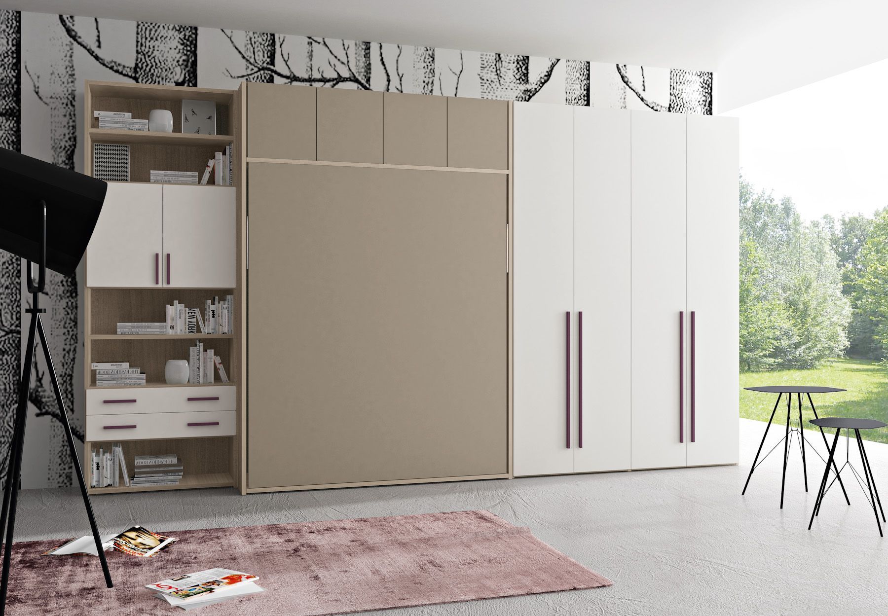 Una camera da letto moderna con armadio bianco e beige, librerie, un treppiede e un tappeto.