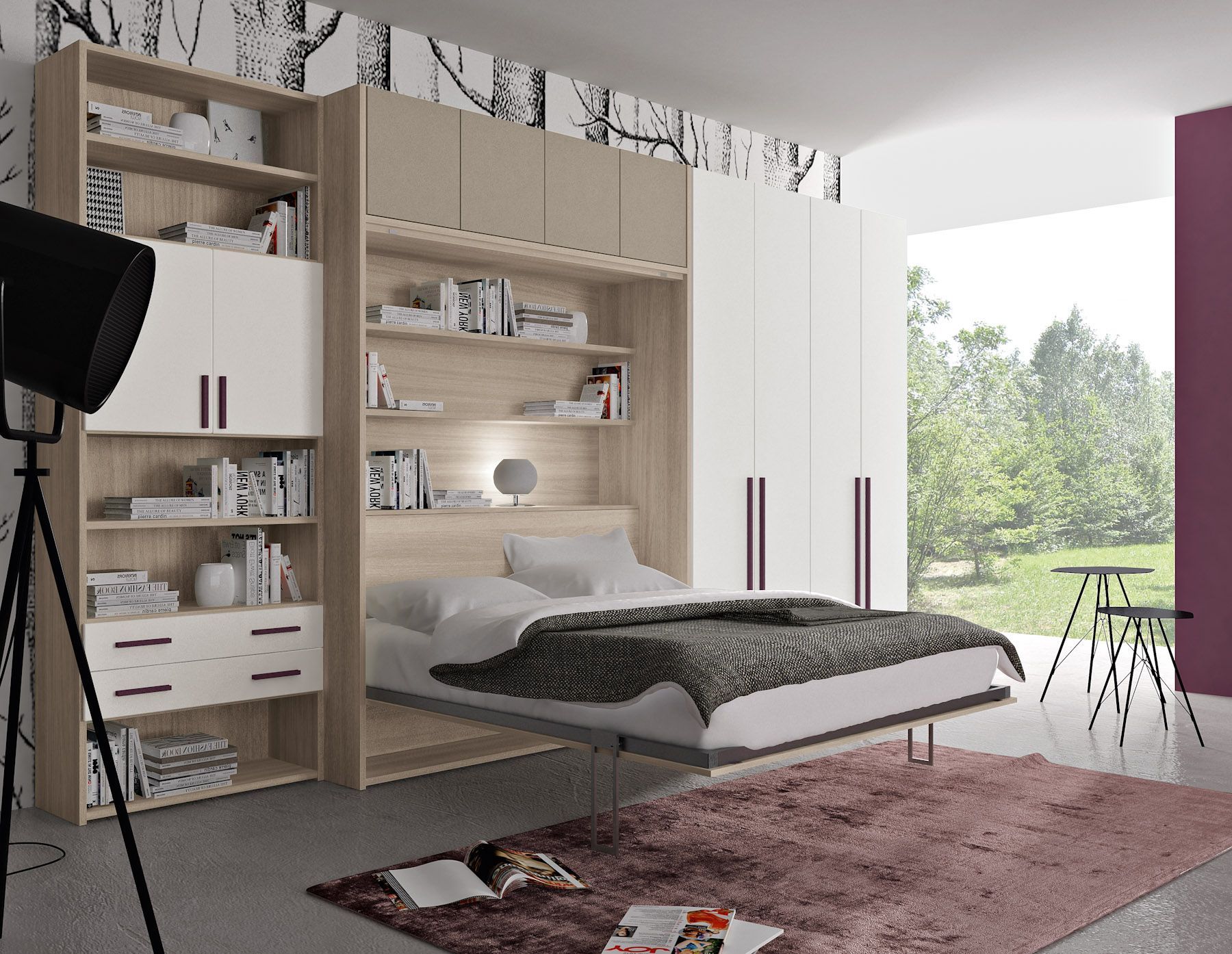 Camera da letto con letto a muro, libreria e armadio. Dispone di tappeto, finestra e lampada da lettura.