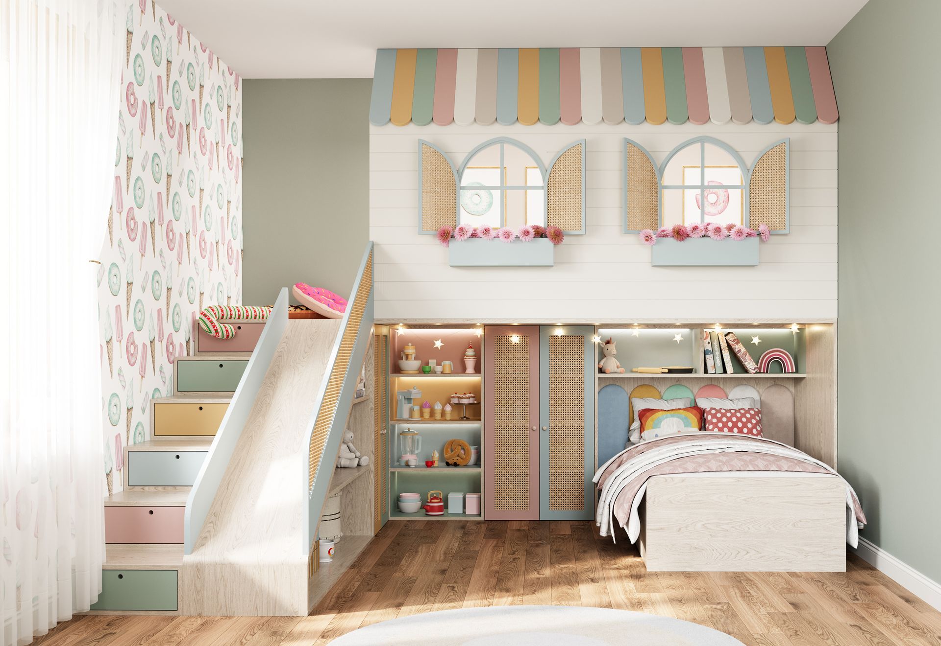 Camera da letto giocosa per bambini con letto a soppalco che ricorda una casa, scivolo, contenitori colorati e una parete decorata.