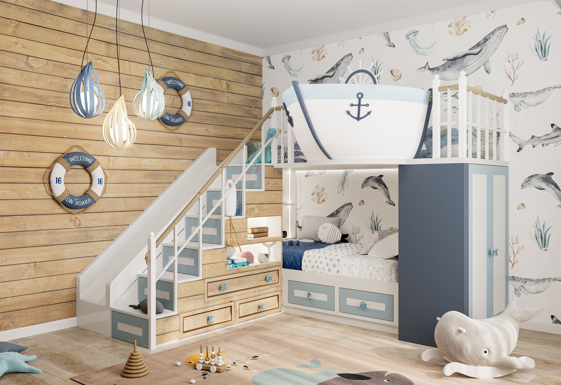 Cameretta per bambini a tema nautico con letto a soppalco, scivolo, pannelli in legno e carta da parati con balene.