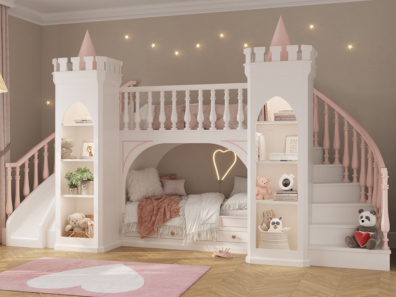 Letto a castello bianco e rosa a tema castello nella cameretta di un bambino, con scaffali e scale; luci soffuse in alto.