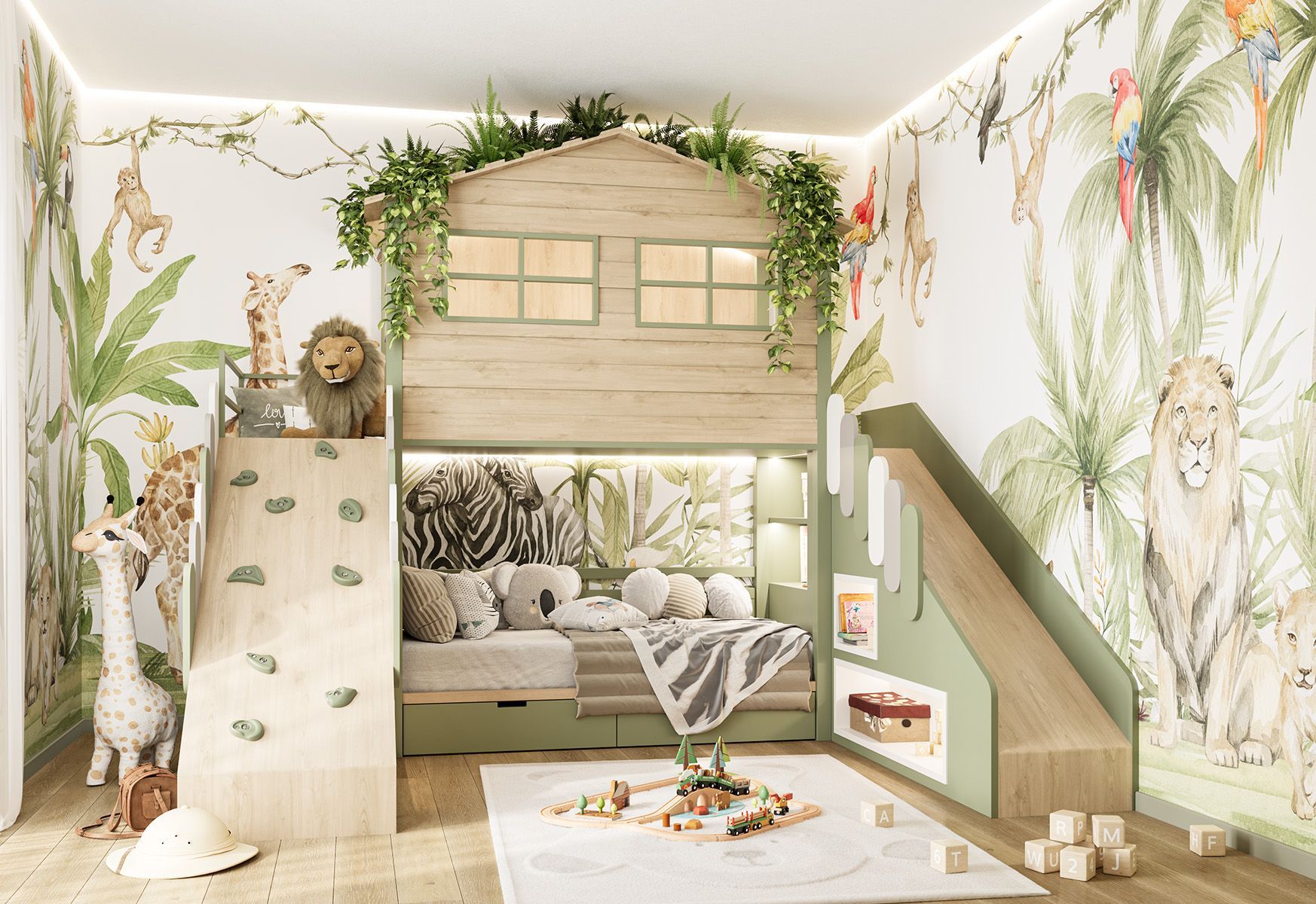 Cameretta per bambini a tema giungla. Letto in legno a forma di casa sull'albero con scivolo, figure di animali e carta da parati a tema giungla.
