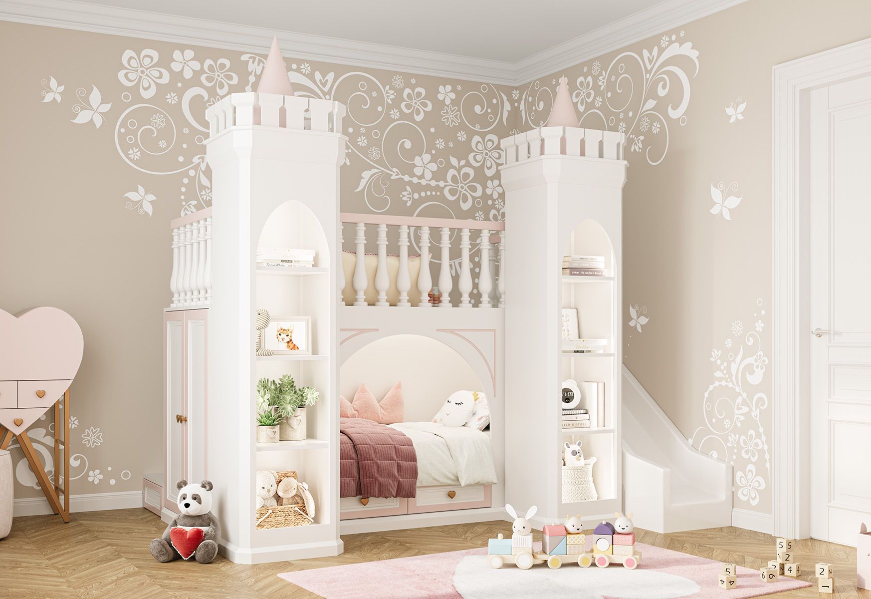 Un letto a castello a tema principessa nella cameretta di una bambina; bianco con dettagli rosa, decorazioni floreali alle pareti e giocattoli in stile classico Salerno