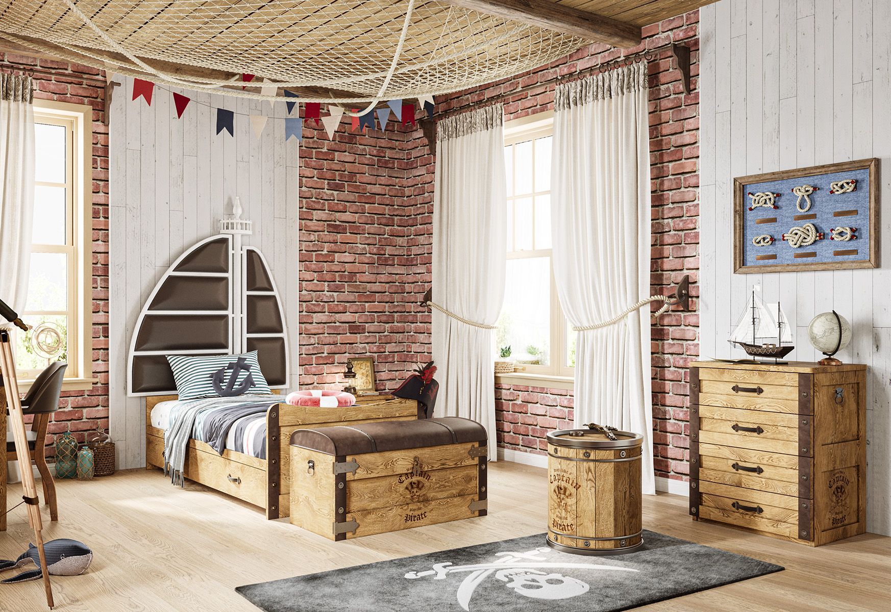 Cameretta in stile classico a tema pirata con letto, cassettiera, baule, pareti in mattoni, decorazioni nautiche e un tappeto Jolly Roger.