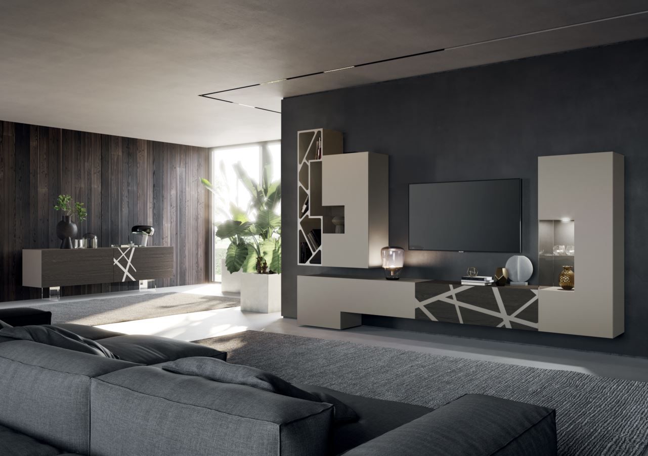 Soggiorno moderno con pareti grigio scuro, divano componibile e mobiletto porta TV geometrico.