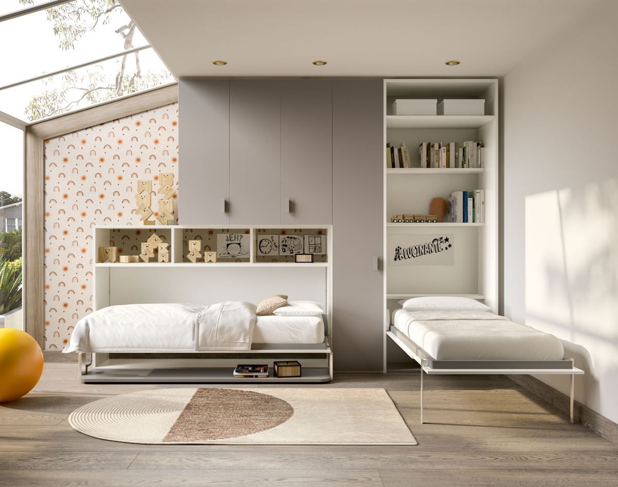 Camera da letto moderna con spazio contenitore incorporato, letto a scomparsa, letto singolo e lucernario.