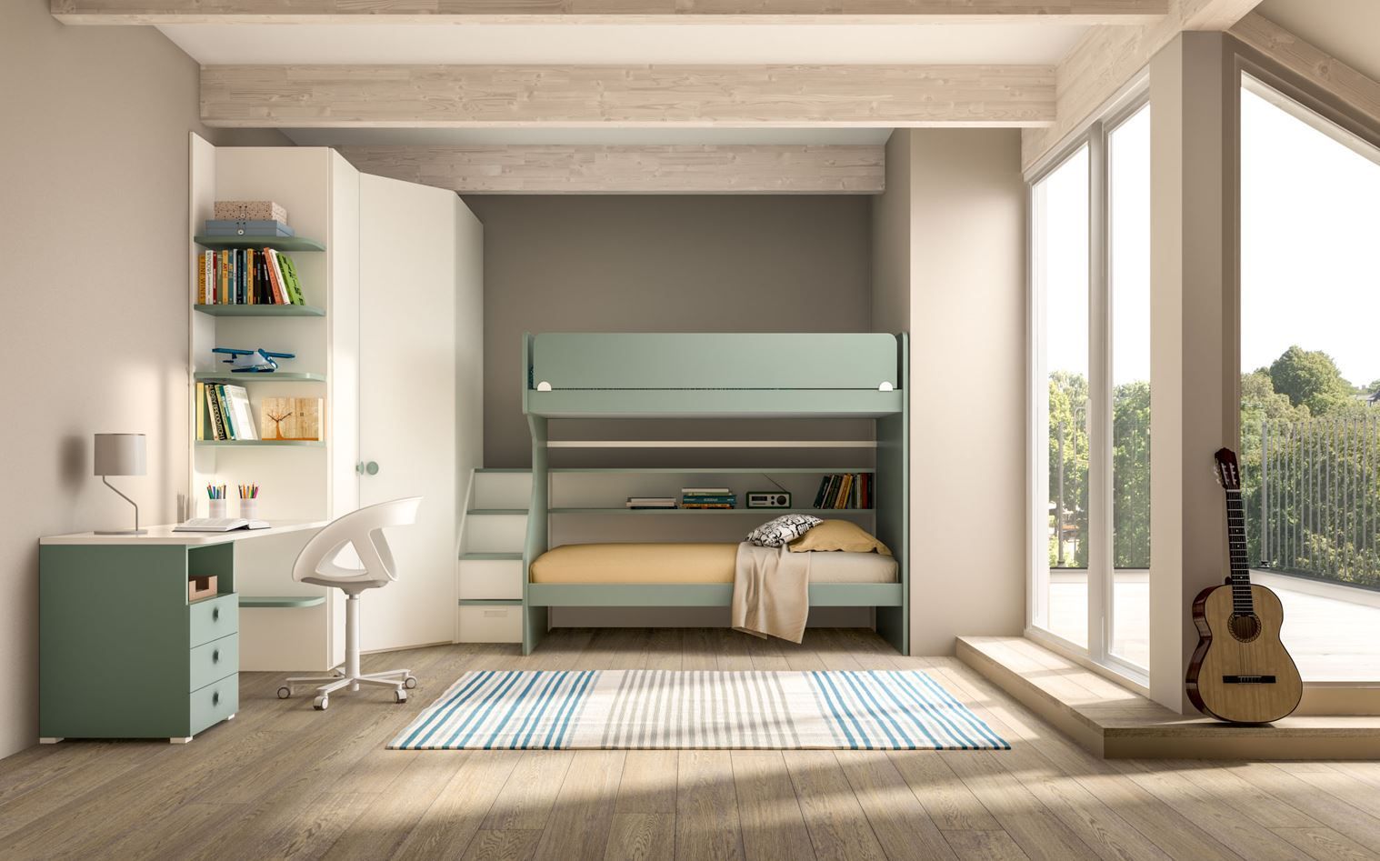 Camera da letto con letto a castello, scrivania e grande finestra; mobili verde chiaro e bianchi, pavimento in legno.