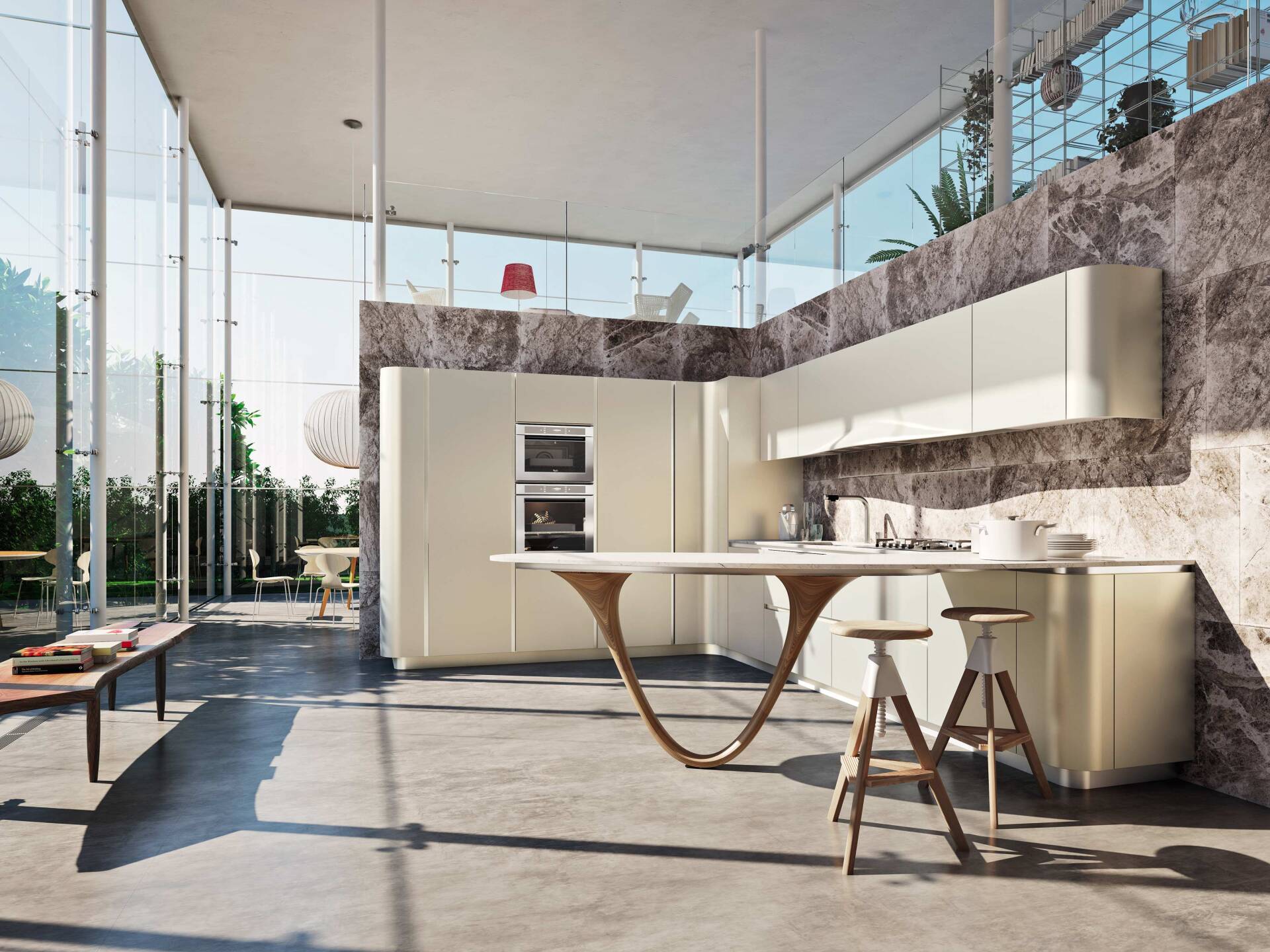 Cucina moderna Snaidero con mobili color crema, parete in marmo, pareti in vetro e un'isola unica.