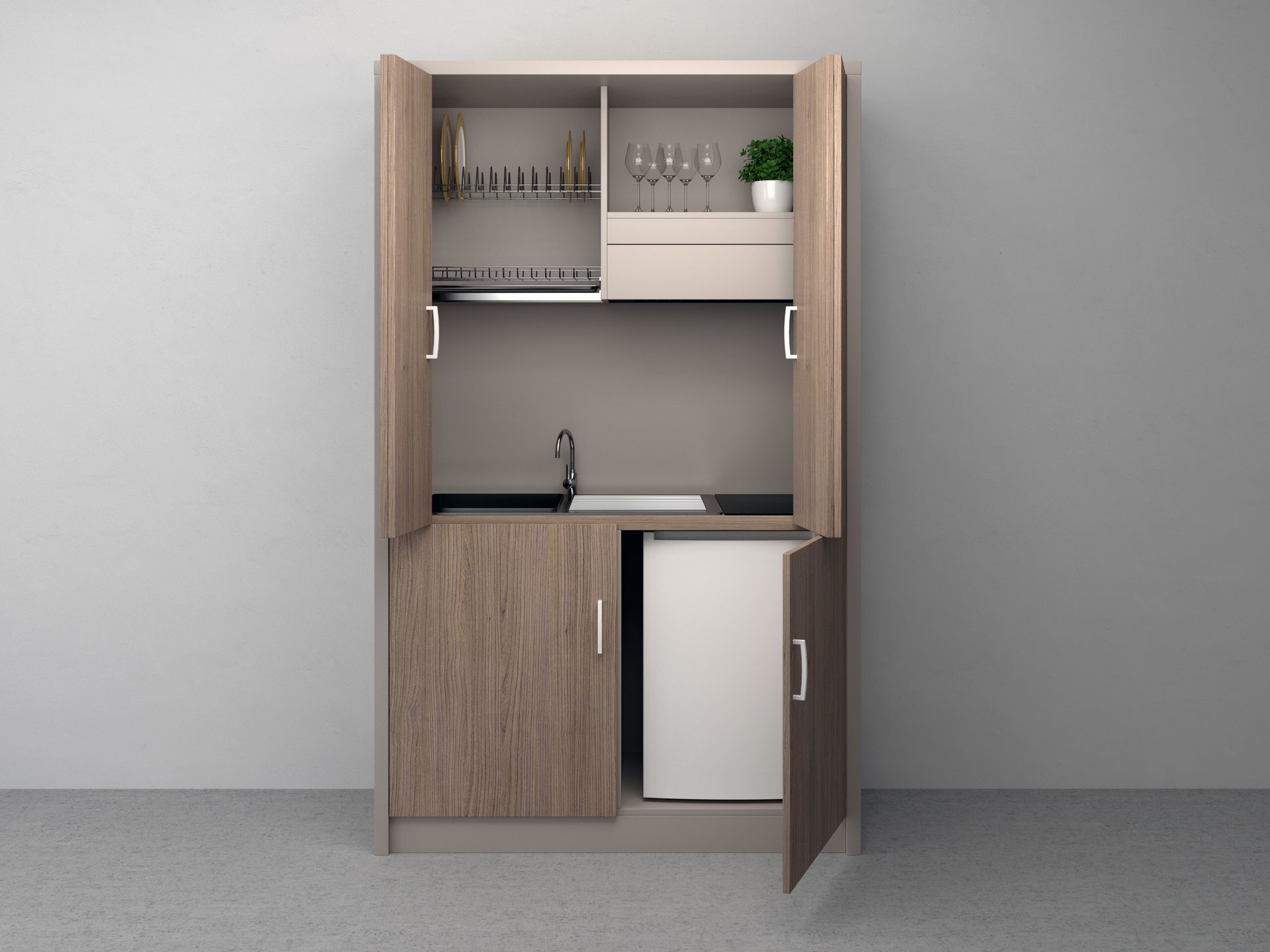Unità cucina compatta con mobili, lavello, piano cottura e minifrigo.