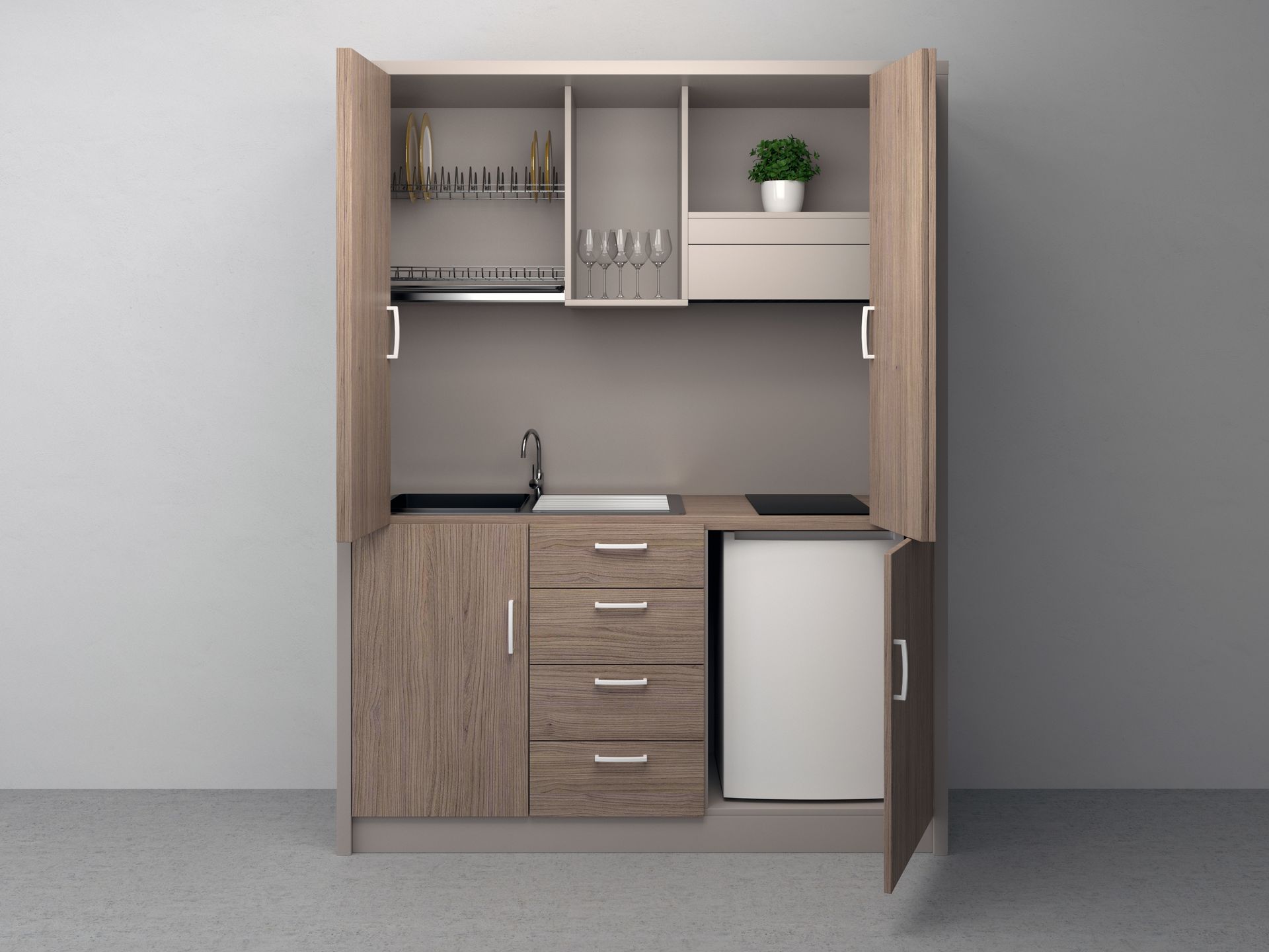 Mobile da cucina compatto con ante aperte, dotato di lavello, piano cottura, frigorifero e spazio per riporre gli oggetti.