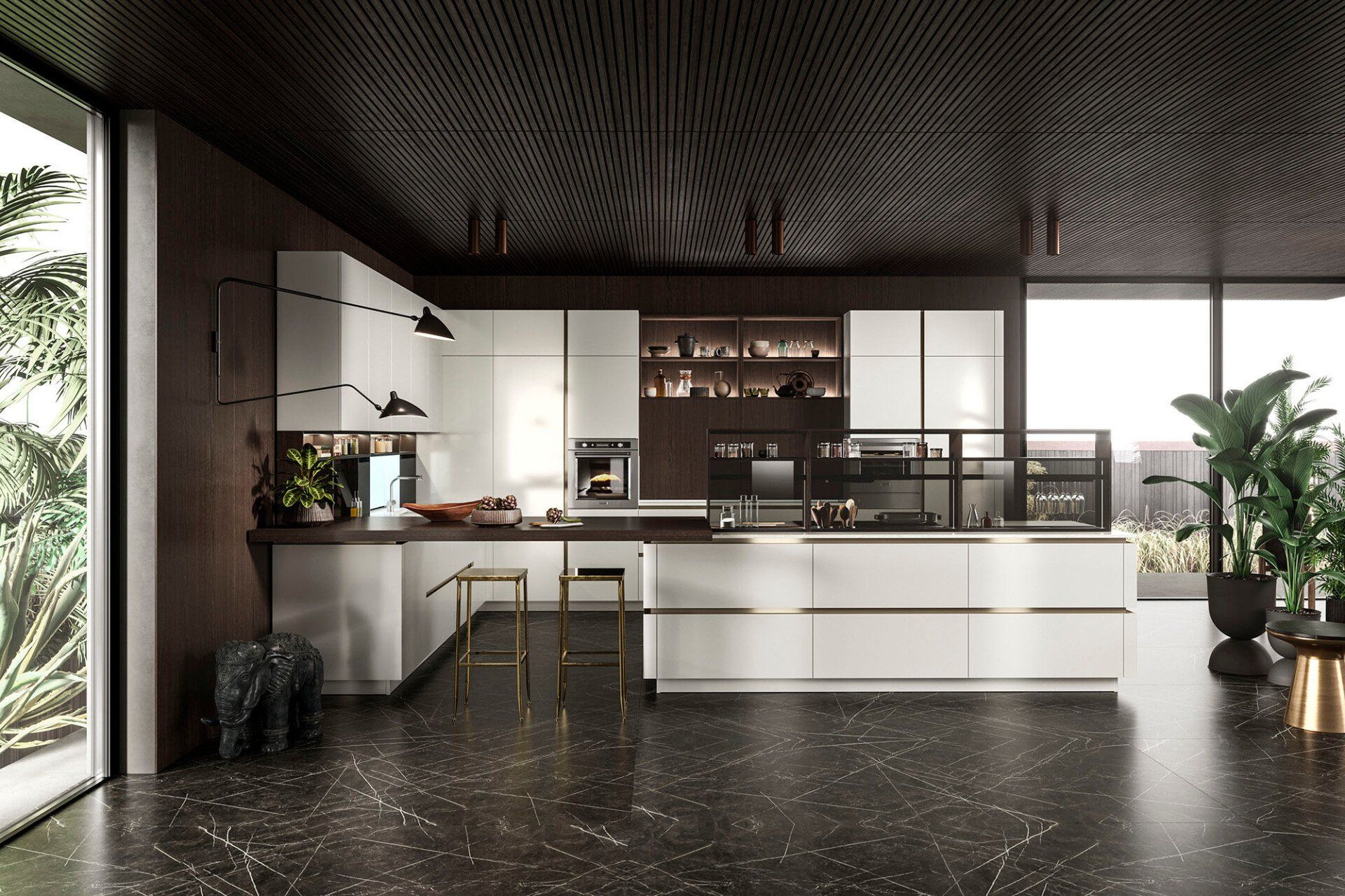 Cucina moderna Snaidero con mobili bianchi, ripiani scuri e grandi finestre con verde.